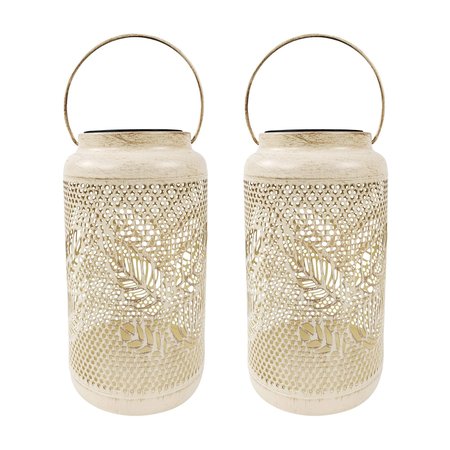 SNOW JOE Bliss Outdoors Set of 2 Solar LED Lanterns w Berry Leaf Design  Hand Painted Finish BSL-312-WH